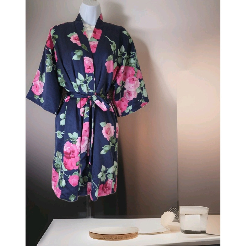 Apt.9 Kimono Robe S Blue Satin Floral Belted Knee‎ Length Romantic Small Flaw